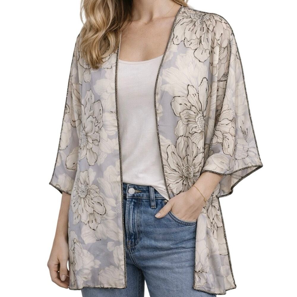 AS by DF Silk Kimono One Size Floral Beaded Open Front Sheer Duster Cover Up